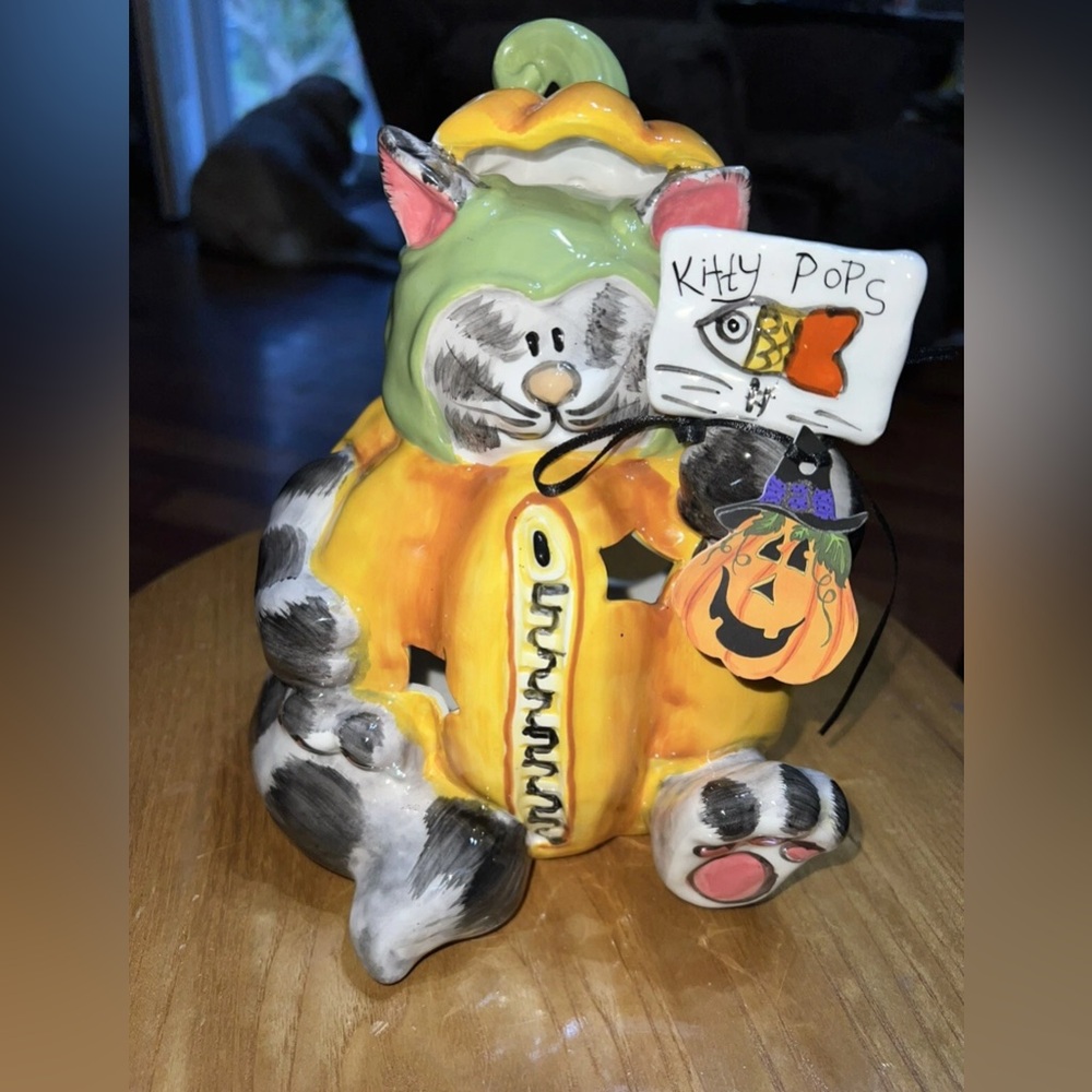 BLUE SKY Kitty Pops Halloween Pumpkin Cat Tea Light Candle Holder Hocus Pocus